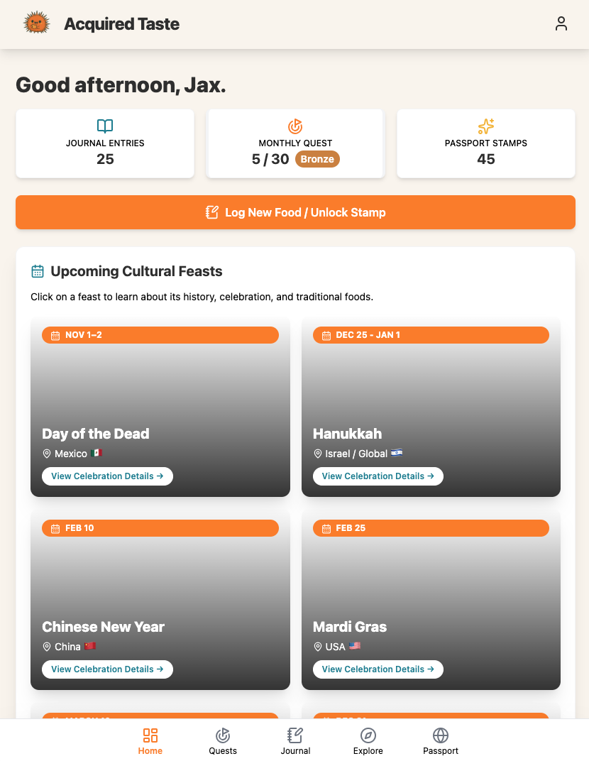 Acquired Taste Dashboard showing home dashboard