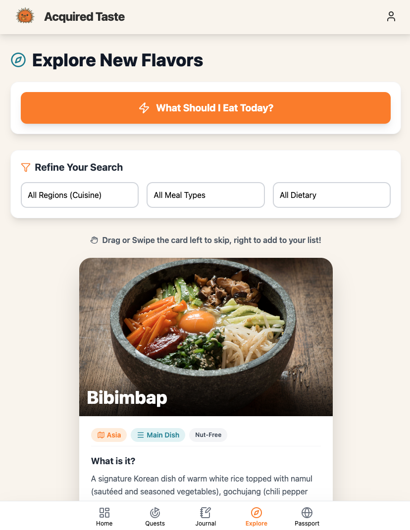 Acquired Taste Explore Swipe card for new dishes